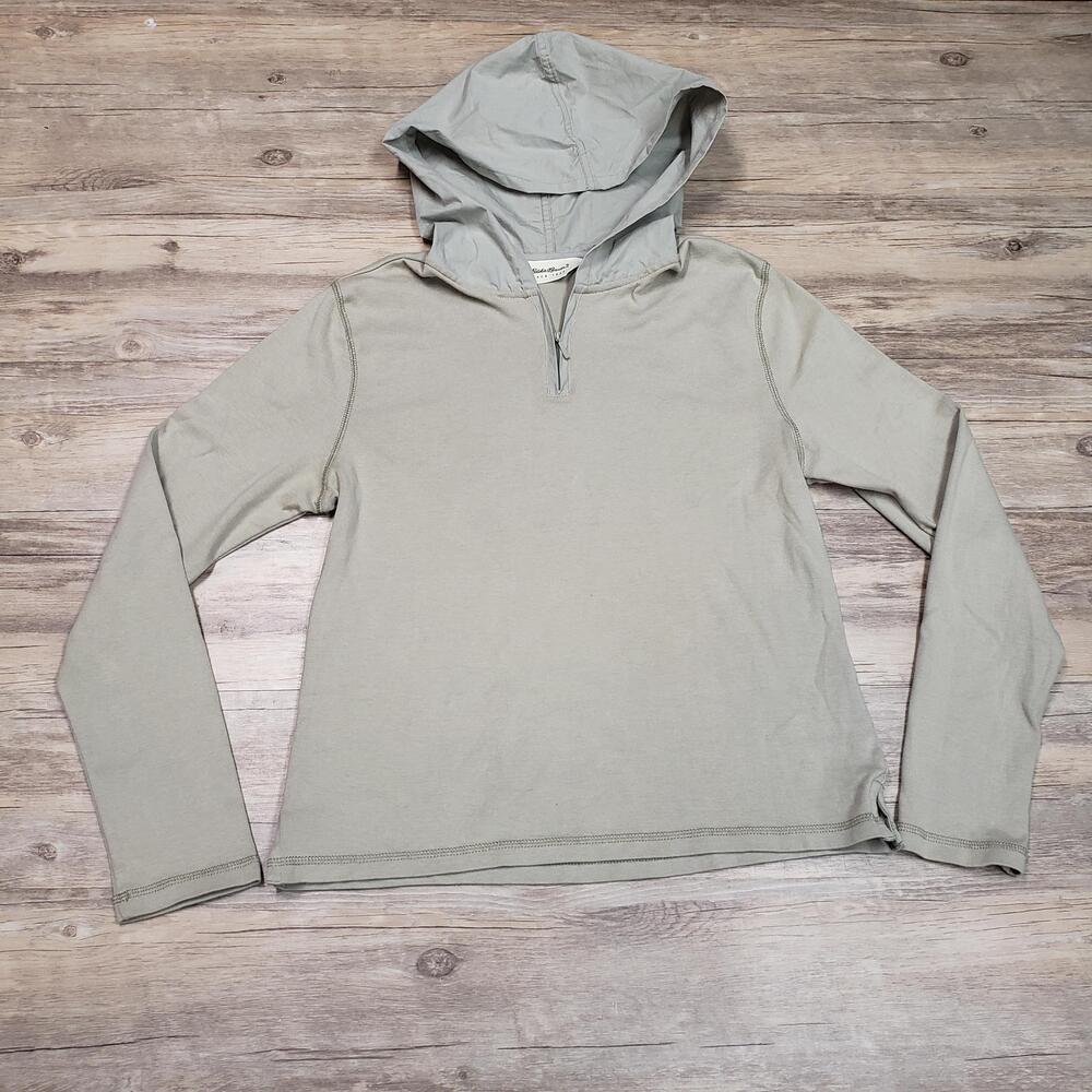 Eddie Bauer Hooded Pullover Shirt Womens Large Gray Green 1/4 Zip Nylon Hood